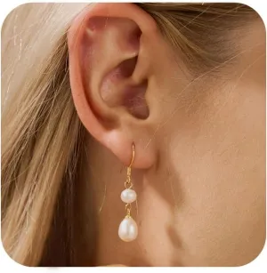 Pearl Earrings for Women,14K Gold Plated Pearl Drop Earrings Hypoallergenic Pearl Dangle Earrings for Women Trendy Cute Gold Statement Earrings Dainty Wedding Earrings for Brides Gifts