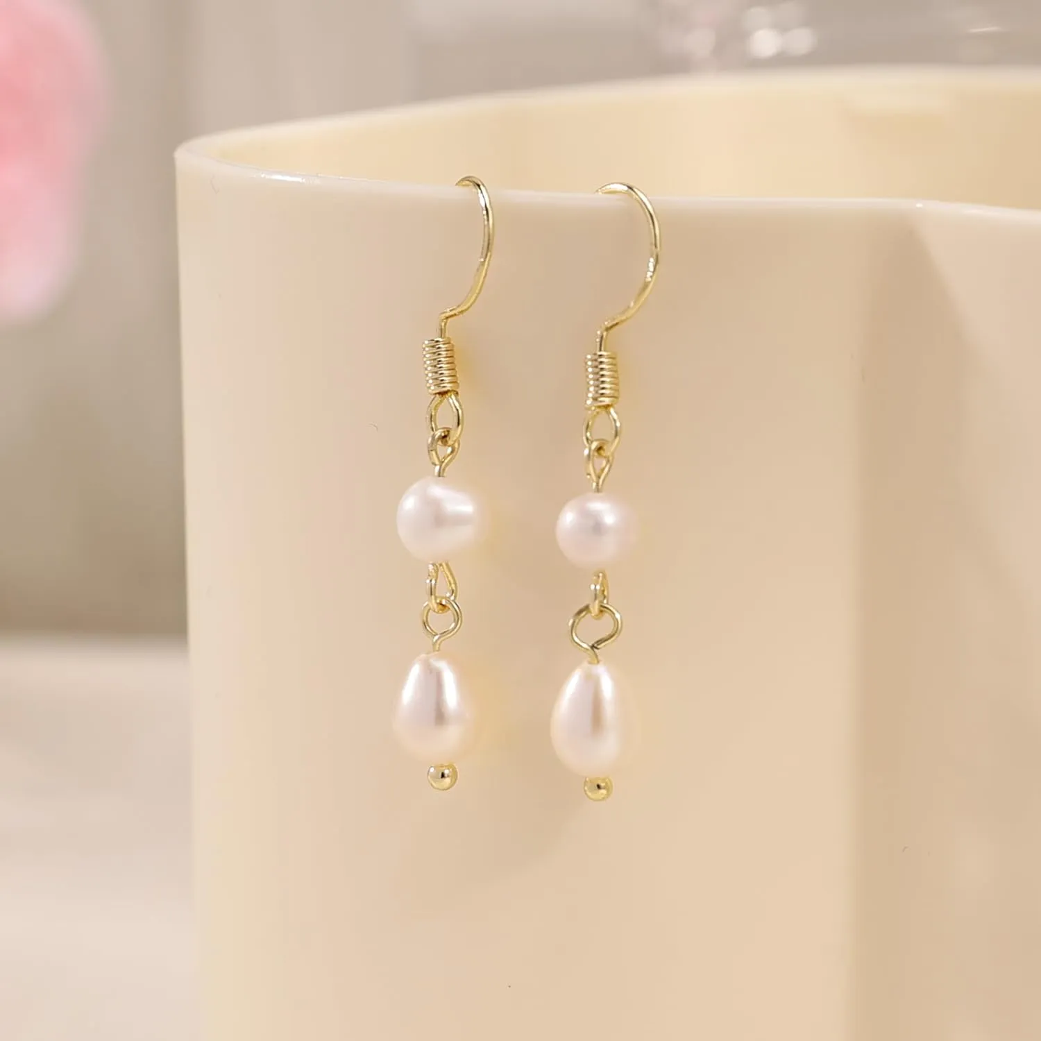 Pearl Earrings for Women,14K Gold Plated Pearl Drop Earrings Hypoallergenic Pearl Dangle Earrings for Women Trendy Cute Gold Statement Earrings Dainty Wedding Earrings for Brides Gifts