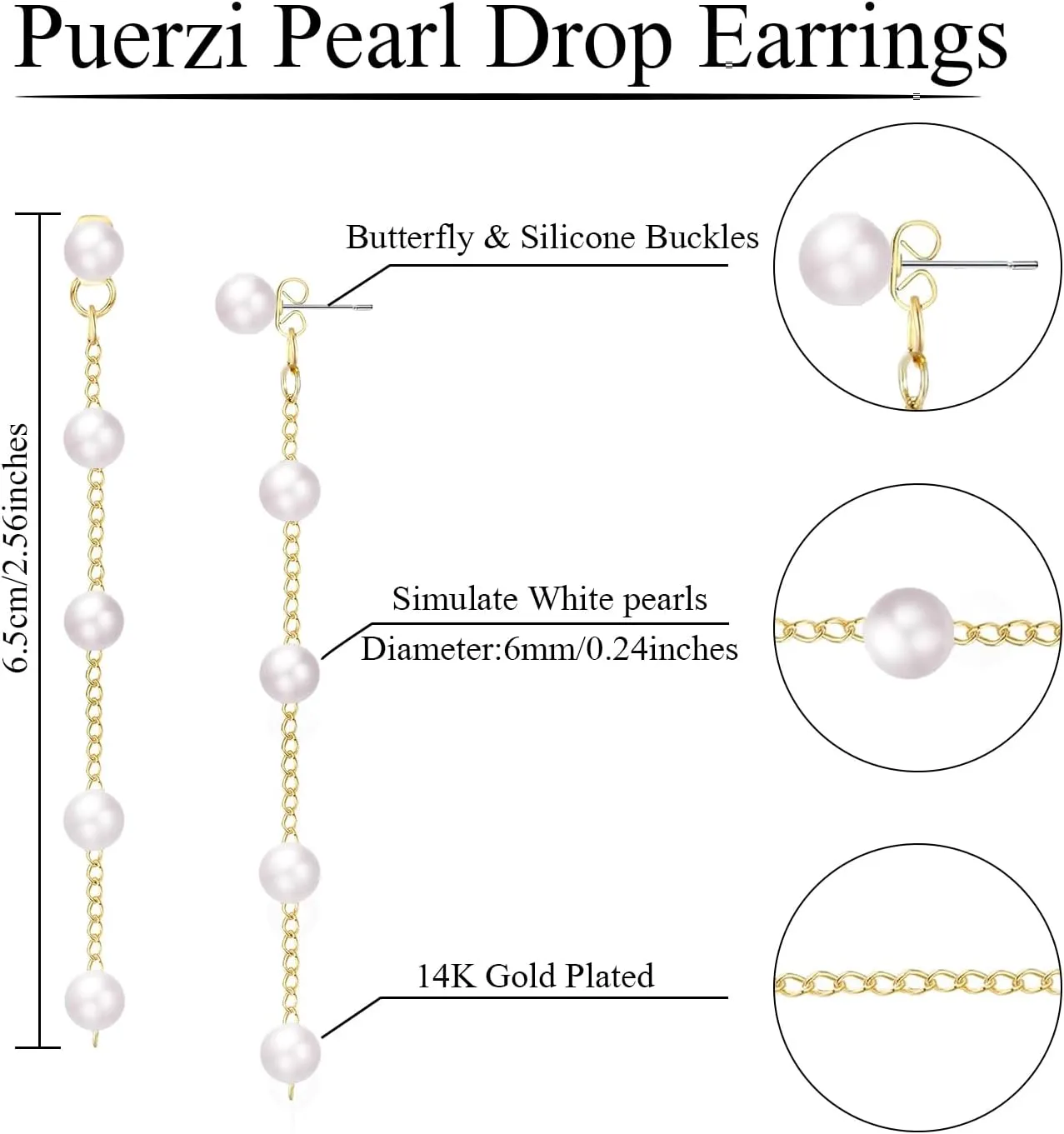 Pearl Earrings4mm 5mm 6mm Gold/Silver Dangle Earrings for Women White Long Drop Pearl Dangling Earrings Bridal Wedding Dainty Prom Earrings Birthday Gifts Jewelry