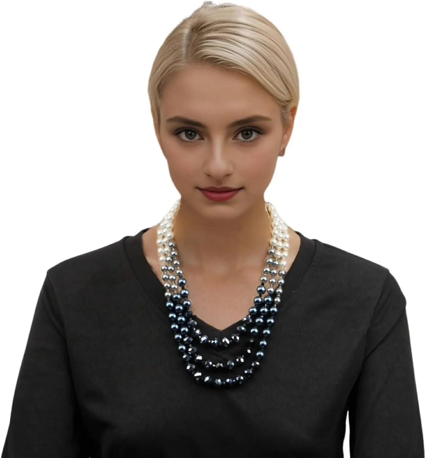 Pearl Necklace and Earrings Set for Women Crystal Beaded Chunky Statement Long Pearls Necklaces Costume Western Summer Jewelry