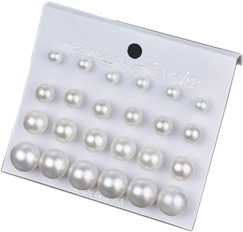 Pearl Stud Earrings - White Simulated Pearl Rhinestone Earrings for Bridal, Wedding, Birthday & Christmas - 12 Pairs