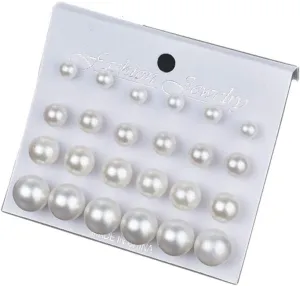 Pearl Stud Earrings - White Simulated Pearl Rhinestone Earrings for Bridal, Wedding, Birthday & Christmas - 12 Pairs