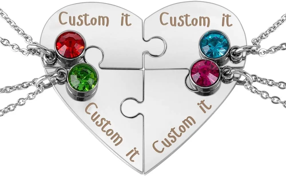Personalized Matching Heart Puzzles Pieces Custom Name Birthstone Friendship Necklaces for Best Friends of 4