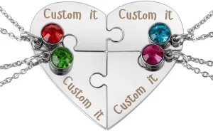 Personalized Matching Heart Puzzles Pieces Custom Name Birthstone Friendship Necklaces for Best Friends of 4