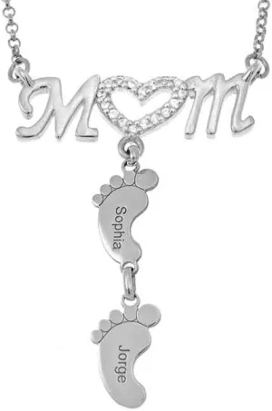 Personalized Sterling Silver Mom and Feet Engraved Custom Name Necklaces Jewelry Gifts
