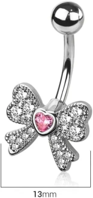 Pierced Owl 14GA 316L Stainless Steel Bow with Crystal Heart Center Belly Button Ring