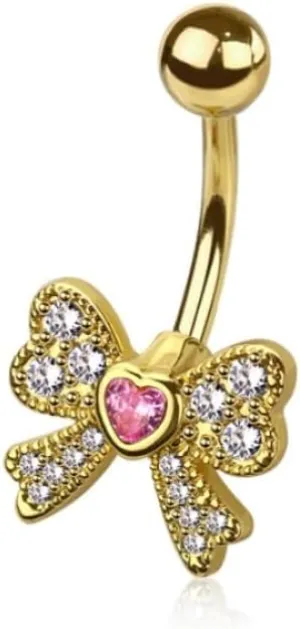Pierced Owl 14GA 316L Stainless Steel Bow with Crystal Heart Center Belly Button Ring
