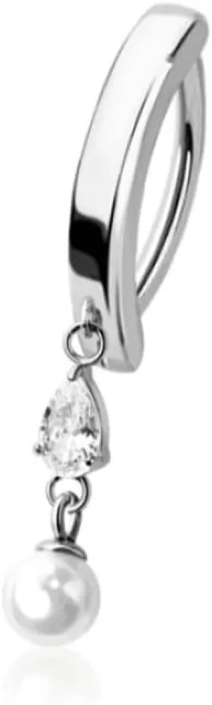Pierced Owl 14GA 316L Stainless Steel Dangling CZ Crystal Teardrop with Faux Pearl Hinged Curved Bar Clicker Belly Button Ring