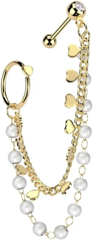 Pierced Owl 18GA 316L Stainless Steel Heart Hoop and Barbell with Connecting Faux Pearl and Heart Chain