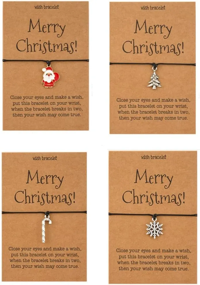 Pingyongchang 4pcs Christmas Bracelets for Women Wax Rope Charm Braided Bracelet Santa Snowflake Xmas Tree Adjustable Friendship Holiday Bracelets with Card Men Gift