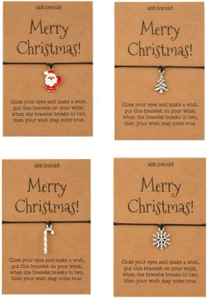 Pingyongchang 4pcs Christmas Bracelets for Women Wax Rope Charm Braided Bracelet Santa Snowflake Xmas Tree Adjustable Friendship Holiday Bracelets with Card Men Gift