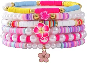 Pingyongchang Bohemian Turtles Heishi Beaded Stretch Bracelets For Women Polymer Clay Colorful Flower Vinyl Disc Surfer Layering Stackable Beads Preppy Bracelet Friendship Summer Beach Jewelry Set