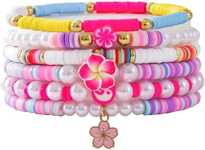 Pingyongchang Bohemian Turtles Heishi Beaded Stretch Bracelets For Women Polymer Clay Colorful Flower Vinyl Disc Surfer Layering Stackable Beads Preppy Bracelet Friendship Summer Beach Jewelry Set