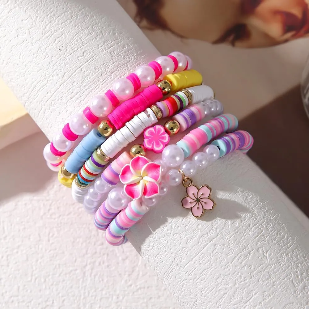 Pingyongchang Bohemian Turtles Heishi Beaded Stretch Bracelets For Women Polymer Clay Colorful Flower Vinyl Disc Surfer Layering Stackable Beads Preppy Bracelet Friendship Summer Beach Jewelry Set