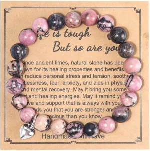 Pingyongchang Natural Stones Beaded Bracelet Elastic Stretch Heart Shape Pendant Bracelets Adjustable Handmade Braided Rope Gemstone Bracelets for Women Friendship and Mom