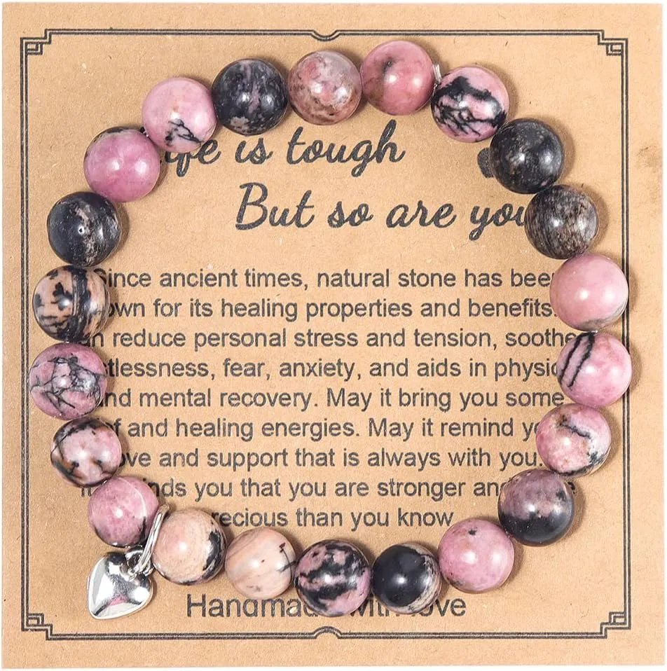 Pingyongchang Natural Stones Beaded Bracelet Elastic Stretch Heart Shape Pendant Bracelets Adjustable Handmade Braided Rope Gemstone Bracelets for Women Friendship and Mom