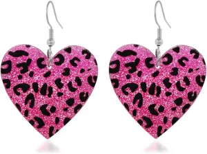 Pink Heart Earrings for Women Leopard Print Heart Acrylic Earrings Sparkly Heart Earrings Valentine's Day Gift for Her
