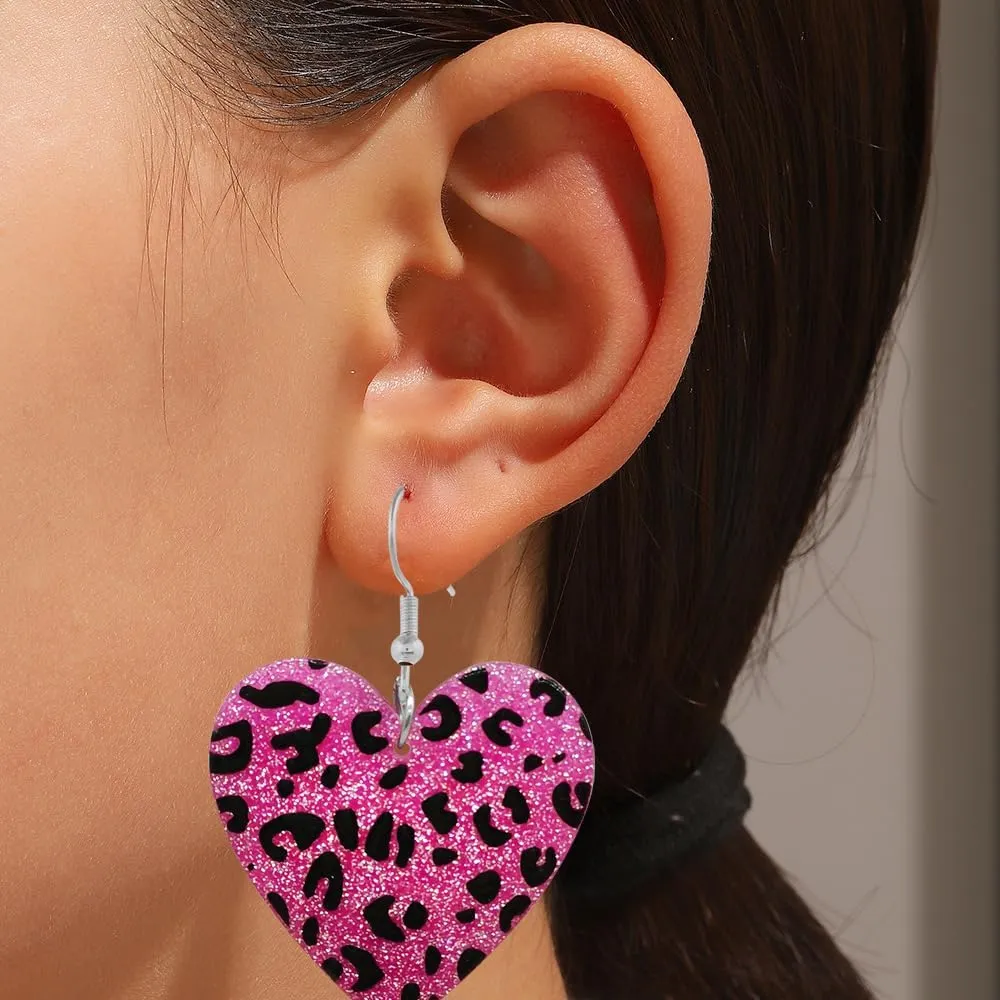 Pink Heart Earrings for Women Leopard Print Heart Acrylic Earrings Sparkly Heart Earrings Valentine's Day Gift for Her