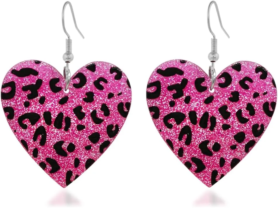 Pink Heart Earrings for Women Leopard Print Heart Acrylic Earrings Sparkly Heart Earrings Valentine's Day Gift for Her