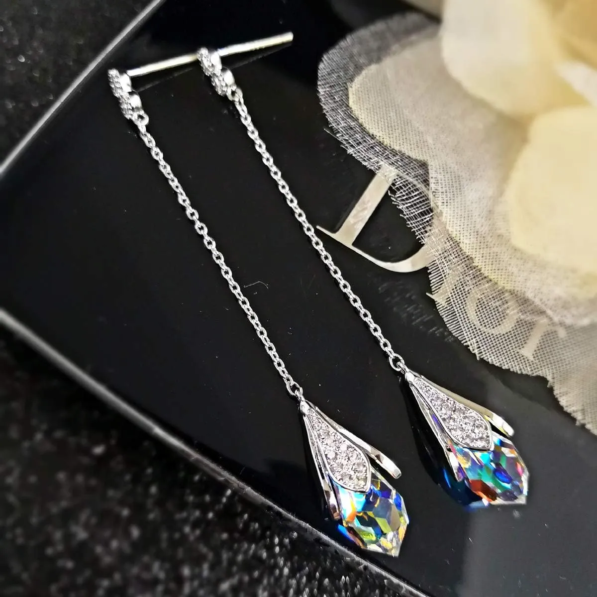 Platinum-Plated Color Change Multi-Teardrop Earrings Made with Aurora Borealis Austrian Crystals