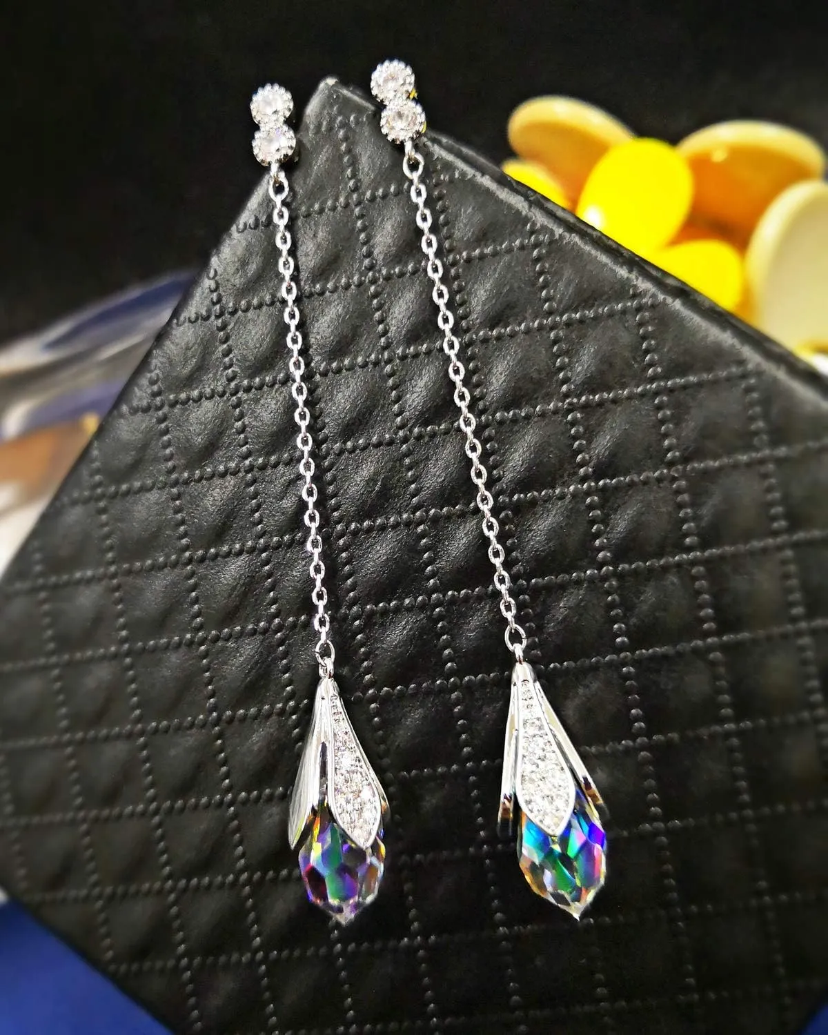 Platinum-Plated Color Change Multi-Teardrop Earrings Made with Aurora Borealis Austrian Crystals