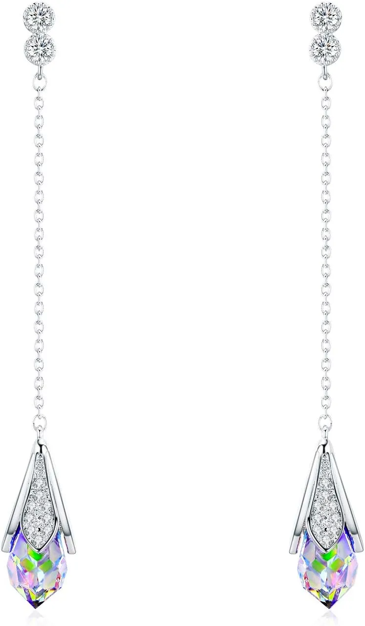 Platinum-Plated Color Change Multi-Teardrop Earrings Made with Aurora Borealis Austrian Crystals