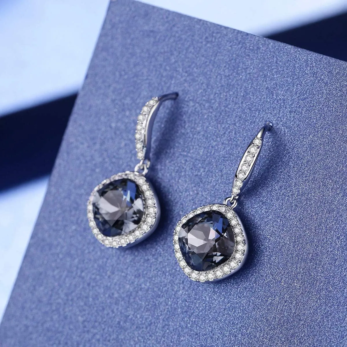 Platinum Plated Cubic Zirconia/Austrian Crystal Cushion Shape Halo Pendant Necklace/Earrings
