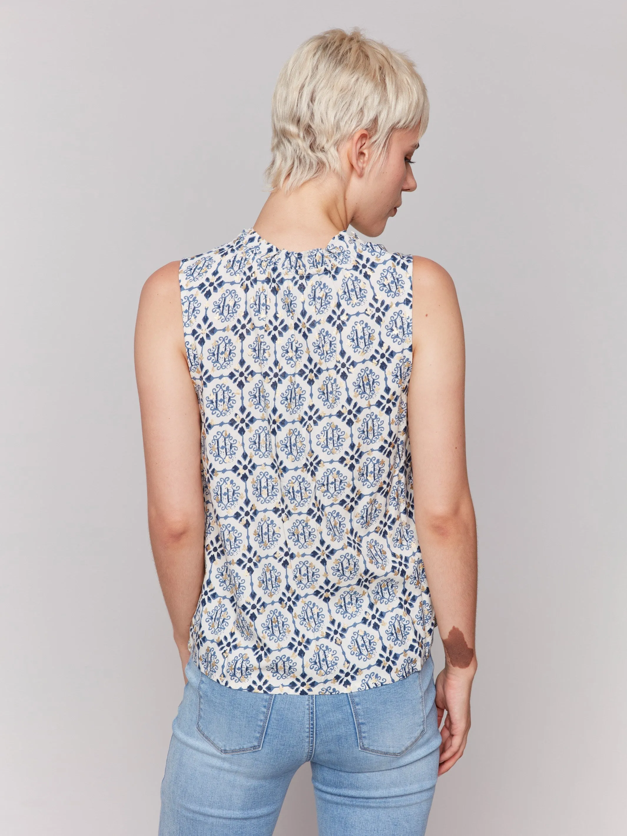 Printed Sleeveless Ruffle Neck Top - Ornament