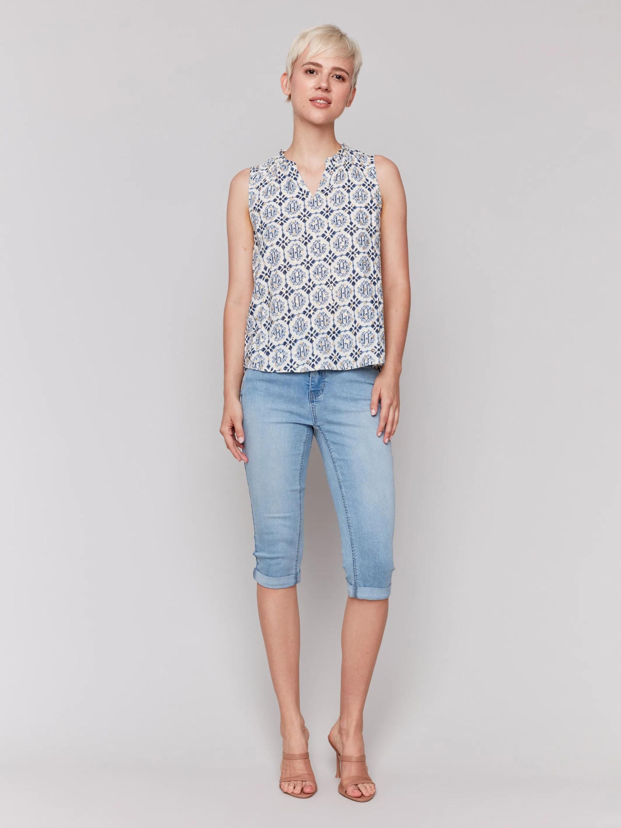 Printed Sleeveless Ruffle Neck Top - Ornament