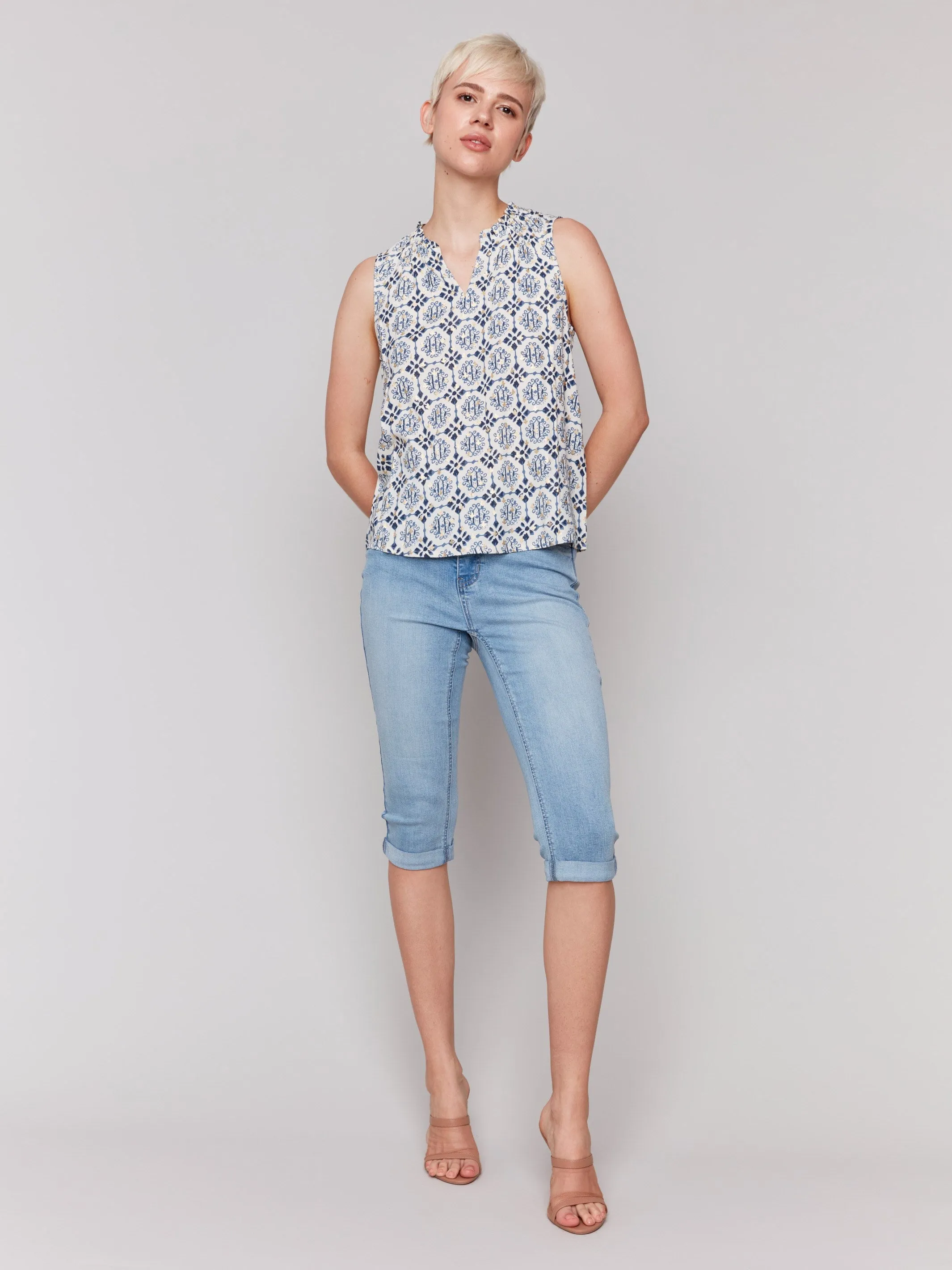 Printed Sleeveless Ruffle Neck Top - Ornament