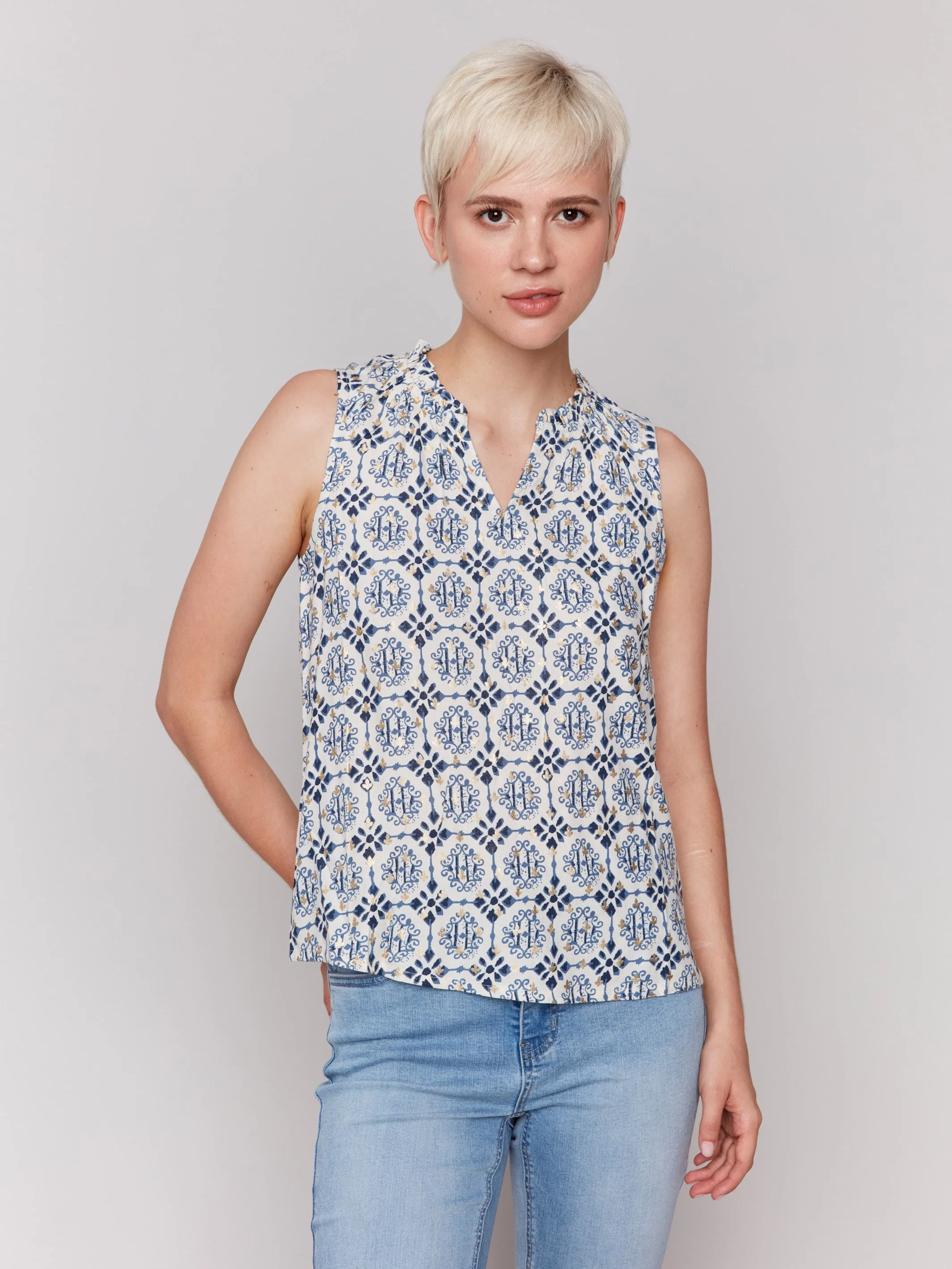 Printed Sleeveless Ruffle Neck Top - Ornament