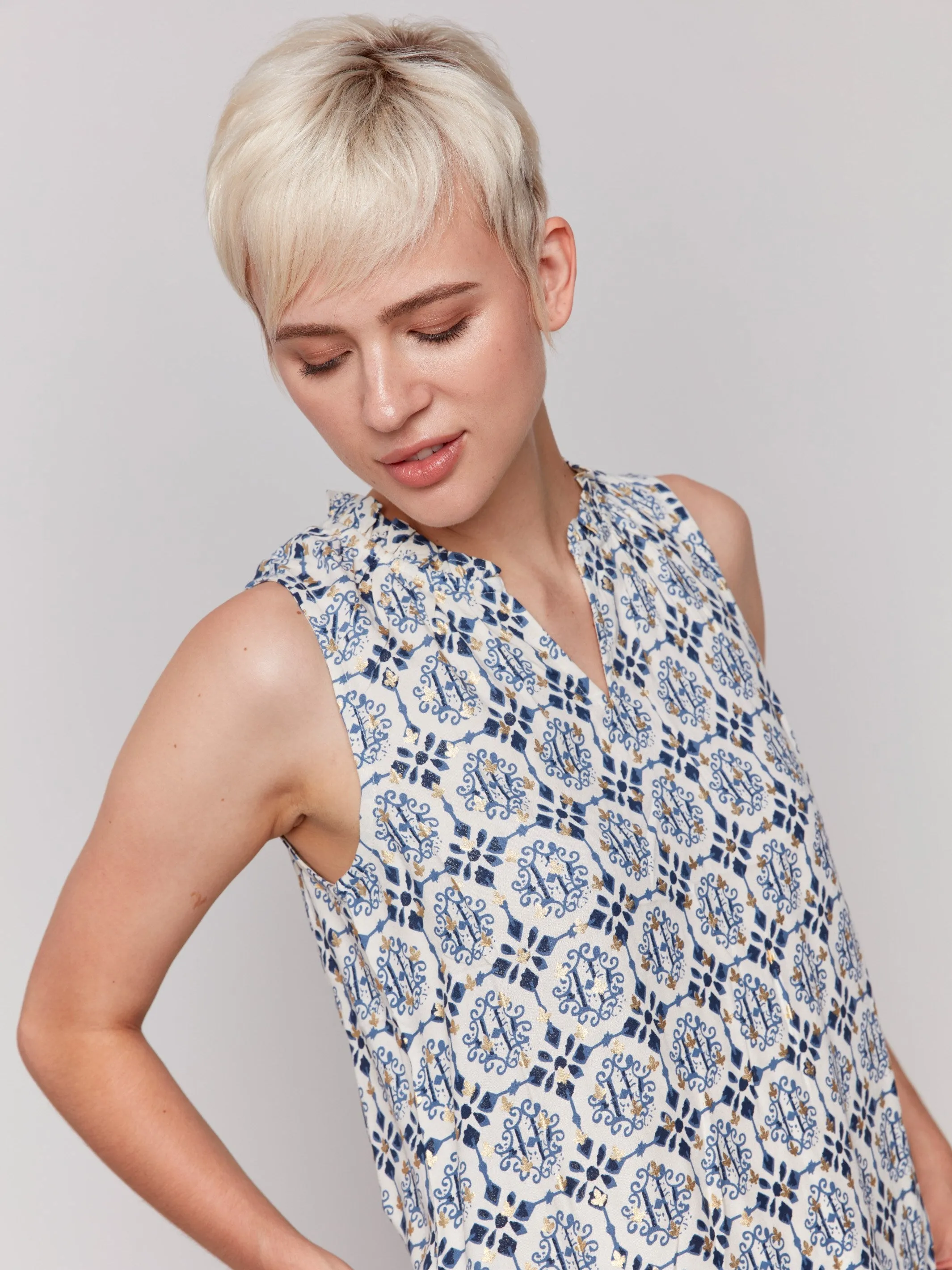 Printed Sleeveless Ruffle Neck Top - Ornament