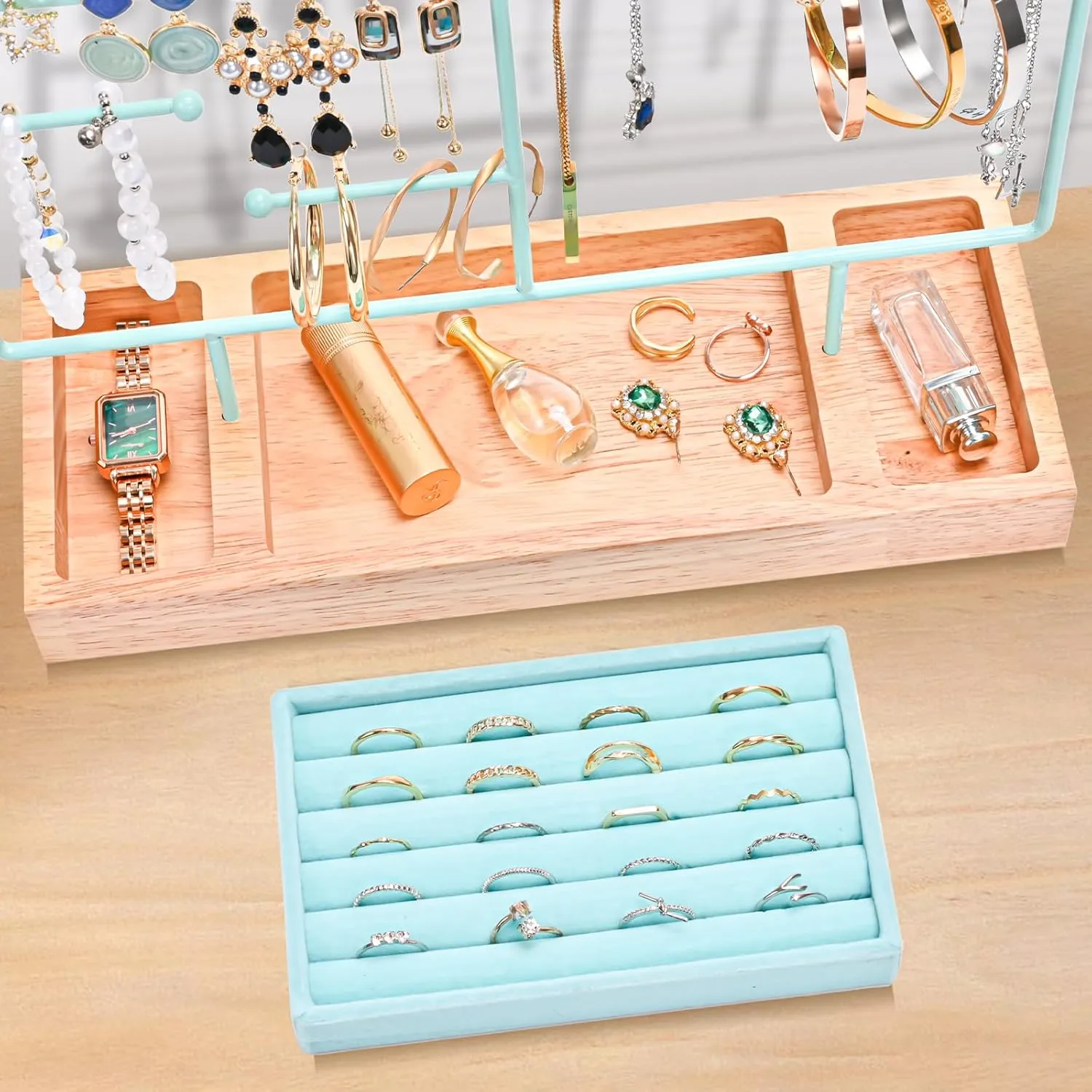 ProCase Jewelry Organizer Stand Earring Holder Organizer, 6 Tiers Earring Organizer Tree Necklace Rack Jewellery Tower Bracelets Holder Storage with Removable Wooden Ring Tray for Women Girls -Blue