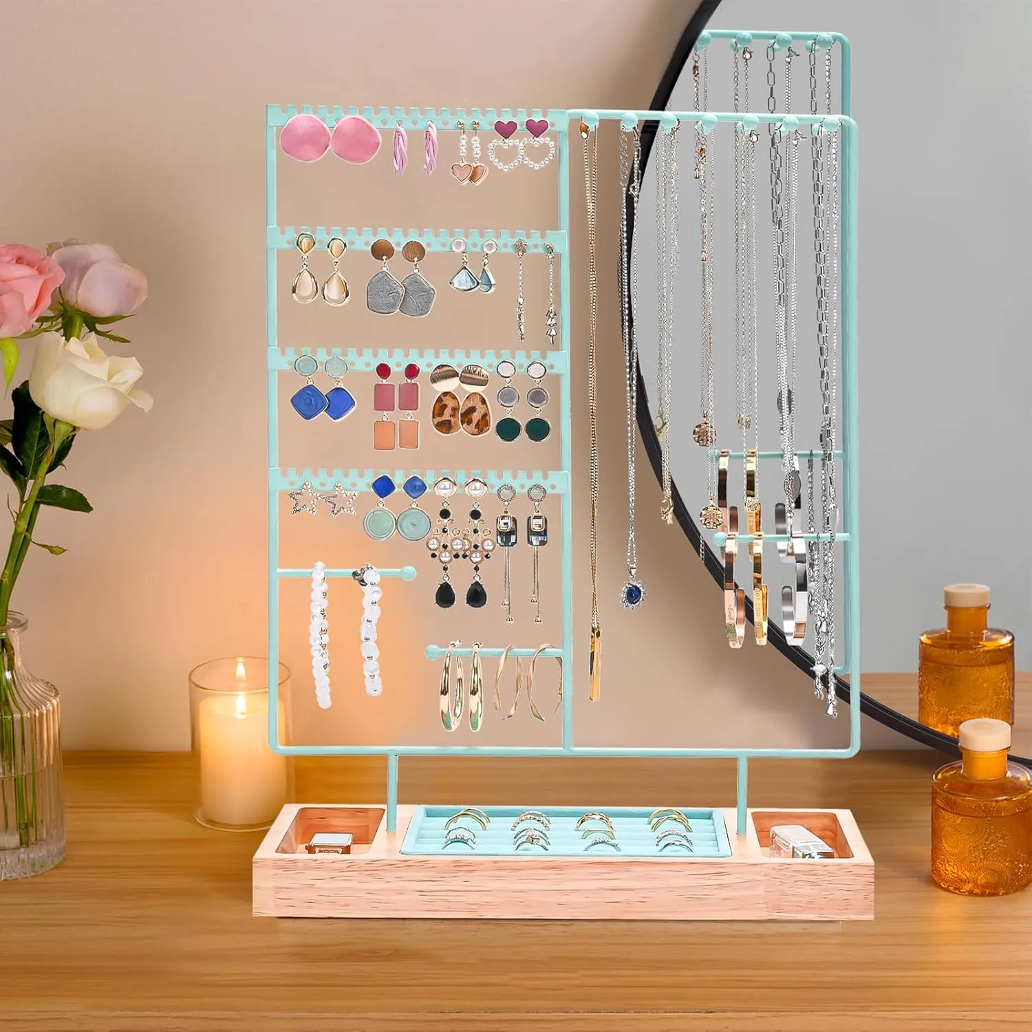 ProCase Jewelry Organizer Stand Earring Holder Organizer, 6 Tiers Earring Organizer Tree Necklace Rack Jewellery Tower Bracelets Holder Storage with Removable Wooden Ring Tray for Women Girls -Blue