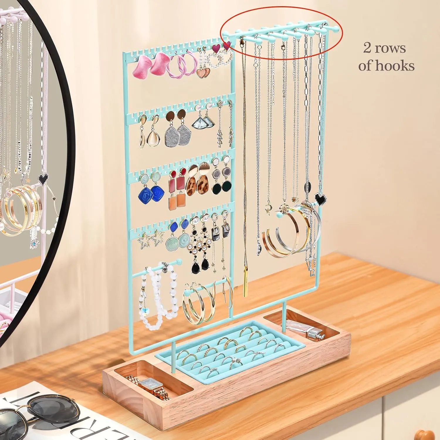 ProCase Jewelry Organizer Stand Earring Holder Organizer, 6 Tiers Earring Organizer Tree Necklace Rack Jewellery Tower Bracelets Holder Storage with Removable Wooden Ring Tray for Women Girls -Blue