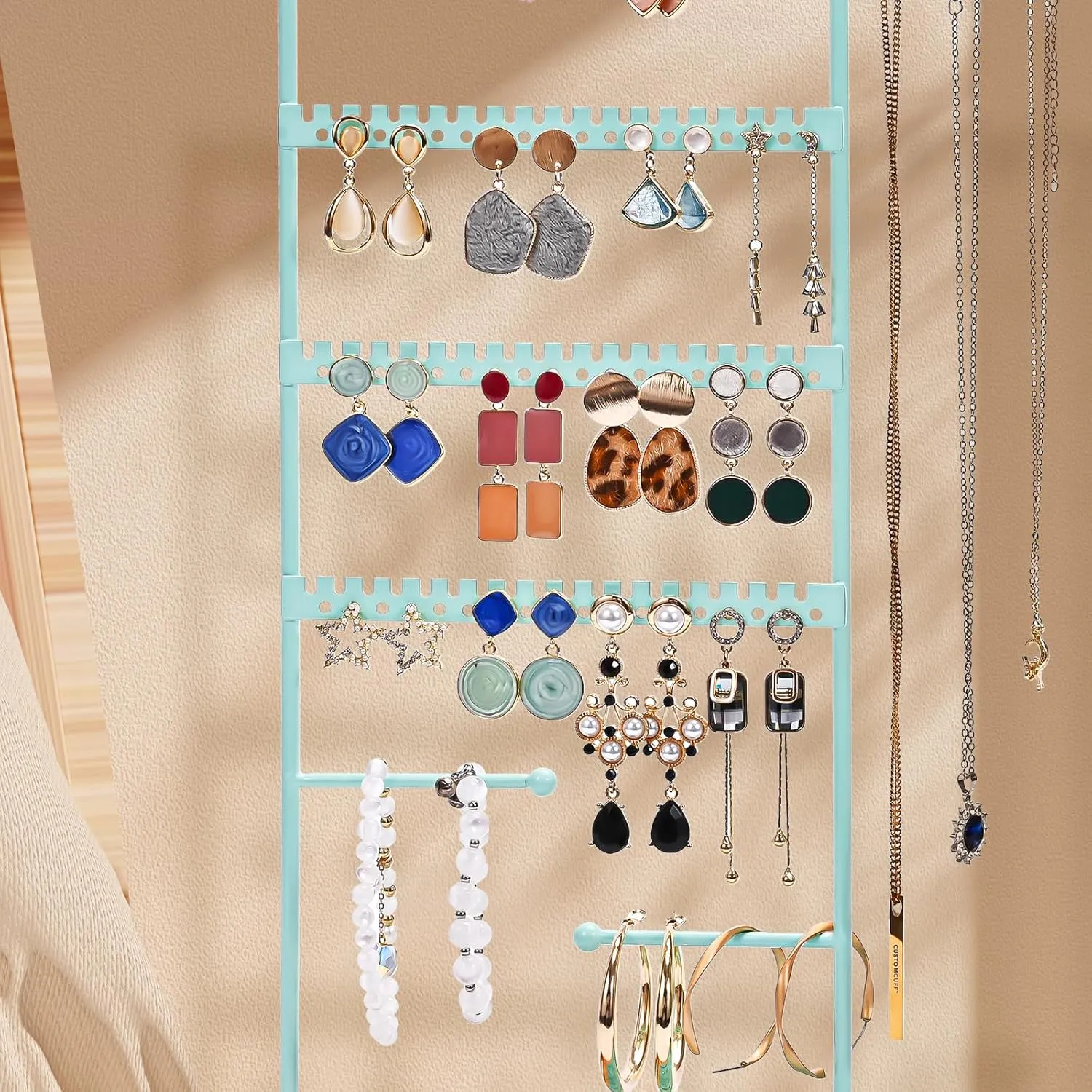 ProCase Jewelry Organizer Stand Earring Holder Organizer, 6 Tiers Earring Organizer Tree Necklace Rack Jewellery Tower Bracelets Holder Storage with Removable Wooden Ring Tray for Women Girls -Blue