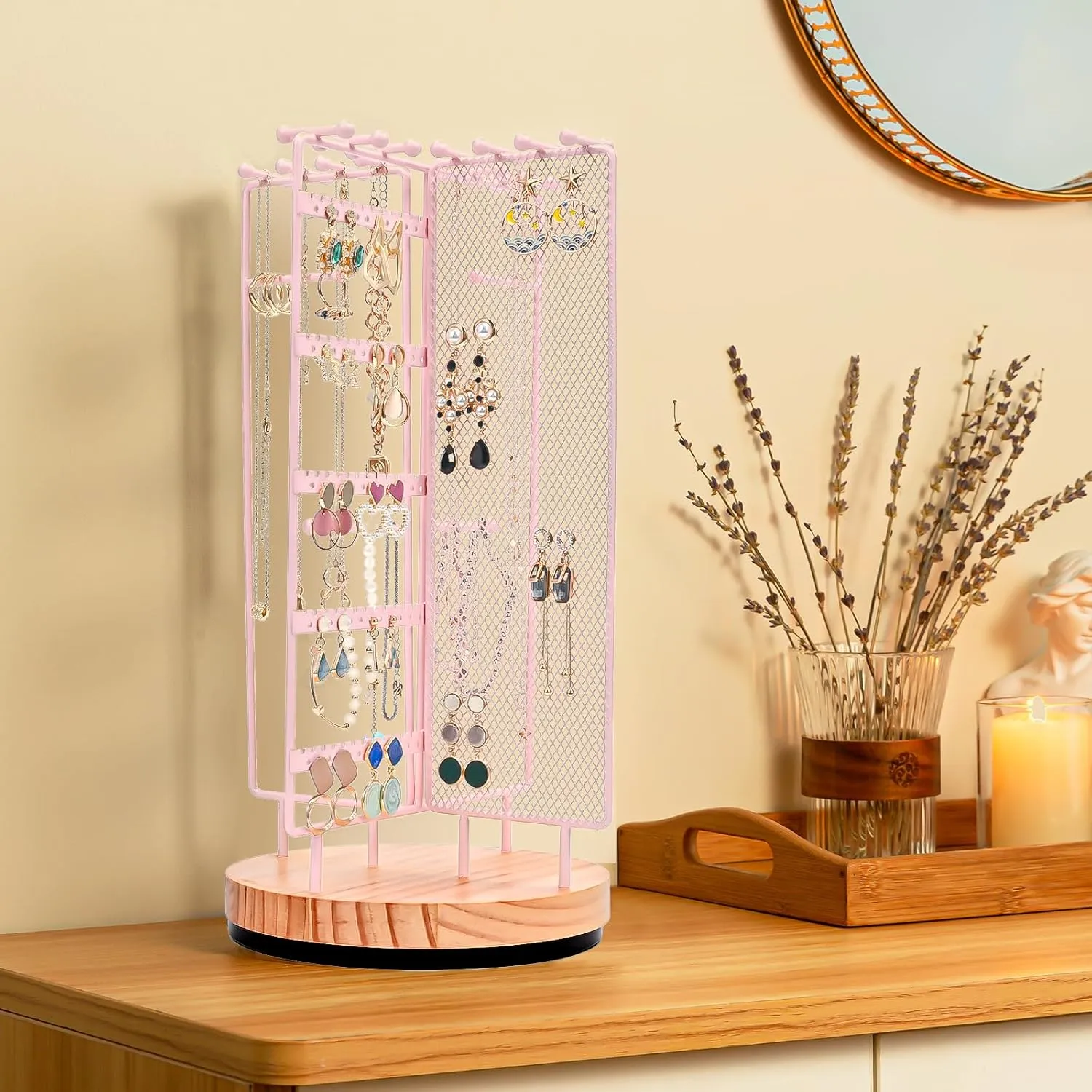 ProCase Rotating Jewelry Organizer Stand Earring Holder Organizer with 28 Necklace Hooks, Jewelry Tree Earring Stand Tower Storage Rack Bracelet Holder, Holds More than 100 Pairs Earrings -Pink