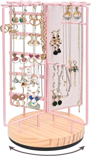 ProCase Rotating Jewelry Organizer Stand Earring Holder Organizer with 28 Necklace Hooks, Jewelry Tree Earring Stand Tower Storage Rack Bracelet Holder, Holds More than 100 Pairs Earrings -Pink