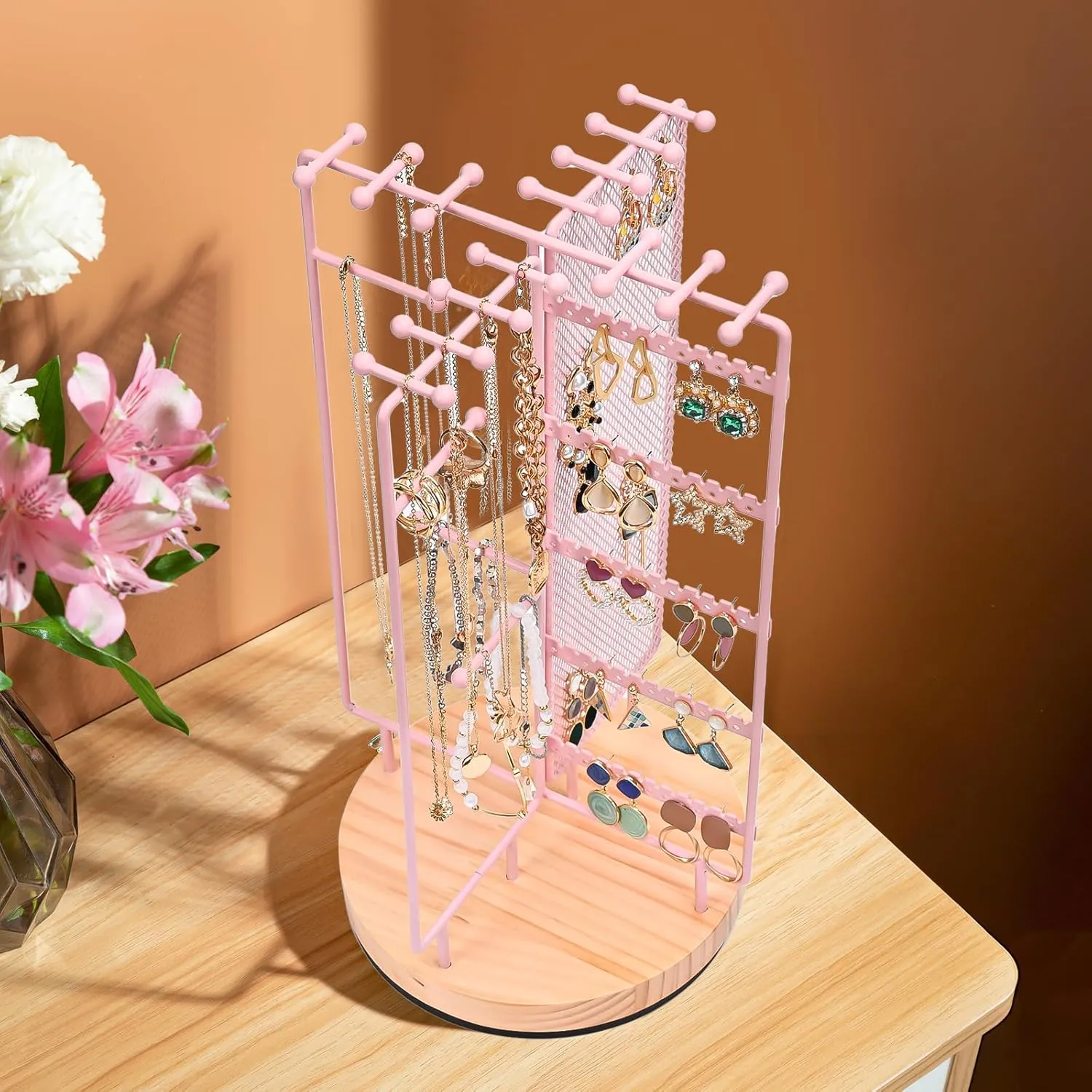 ProCase Rotating Jewelry Organizer Stand Earring Holder Organizer with 28 Necklace Hooks, Jewelry Tree Earring Stand Tower Storage Rack Bracelet Holder, Holds More than 100 Pairs Earrings -Pink