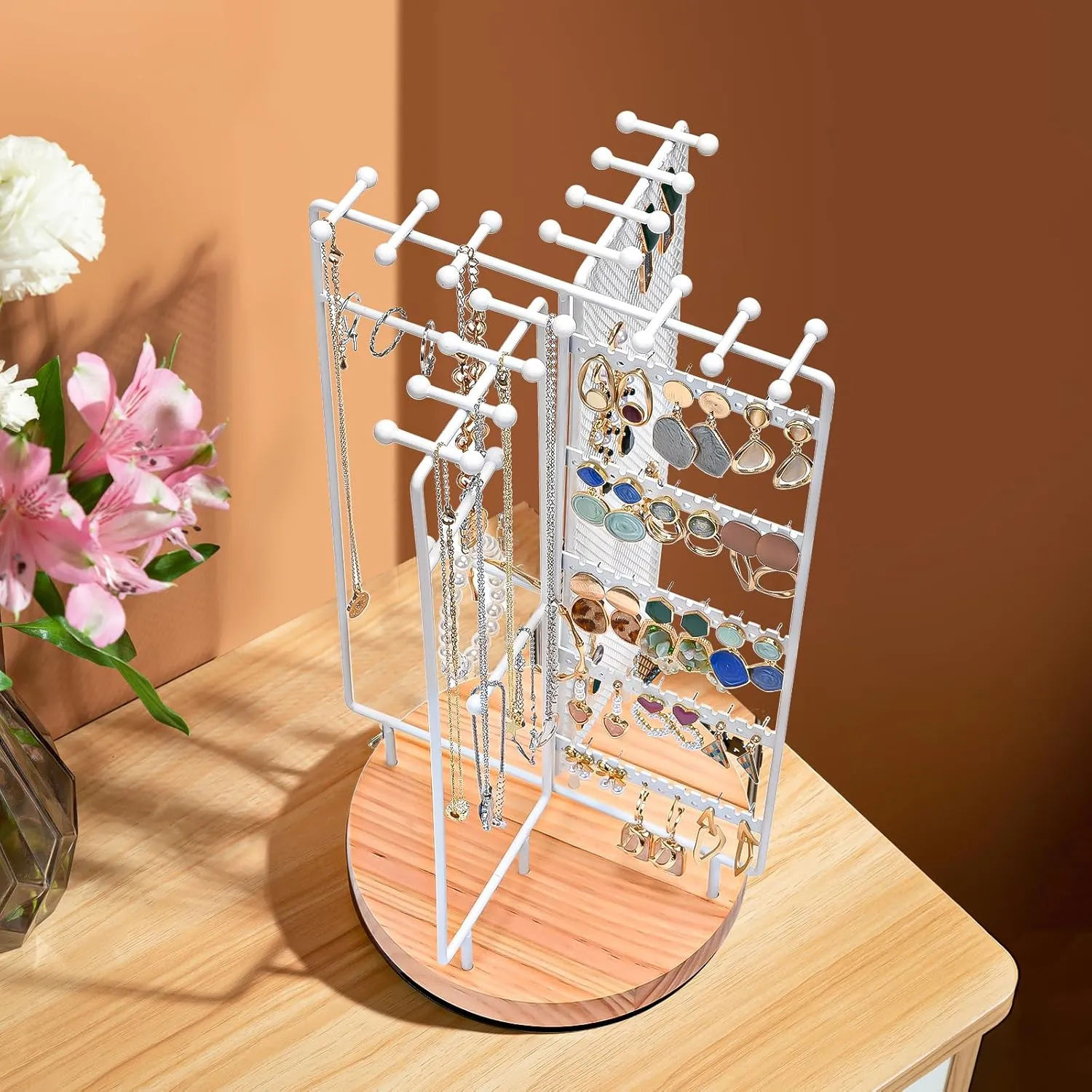 ProCase Rotating Jewelry Organizer Stand Earring Holder Organizer with 28 Necklace Hooks, Jewelry Tree Earring Stand Tower Storage Rack Bracelet Holder, Holds More than 100 Pairs Earrings -White