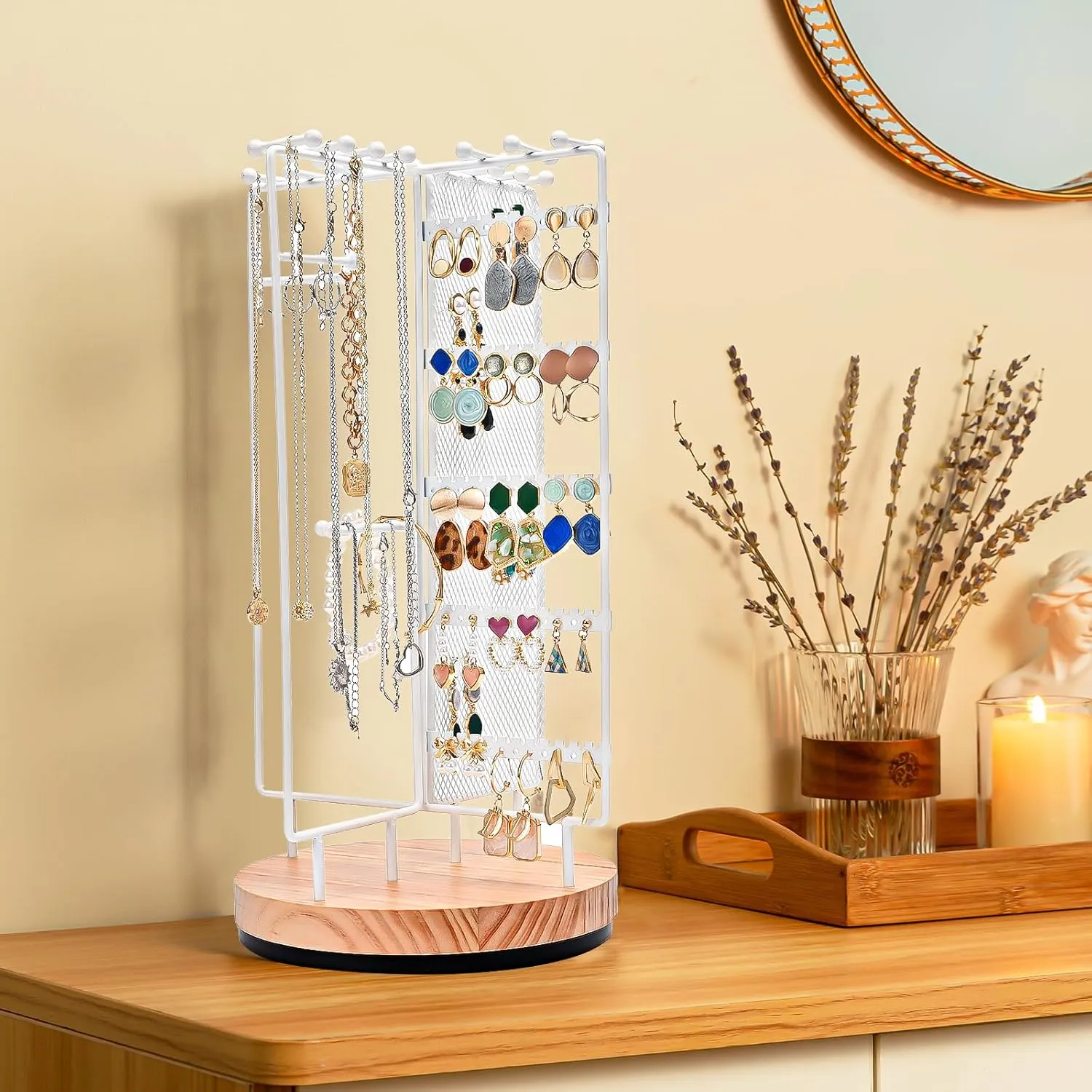 ProCase Rotating Jewelry Organizer Stand Earring Holder Organizer with 28 Necklace Hooks, Jewelry Tree Earring Stand Tower Storage Rack Bracelet Holder, Holds More than 100 Pairs Earrings -White