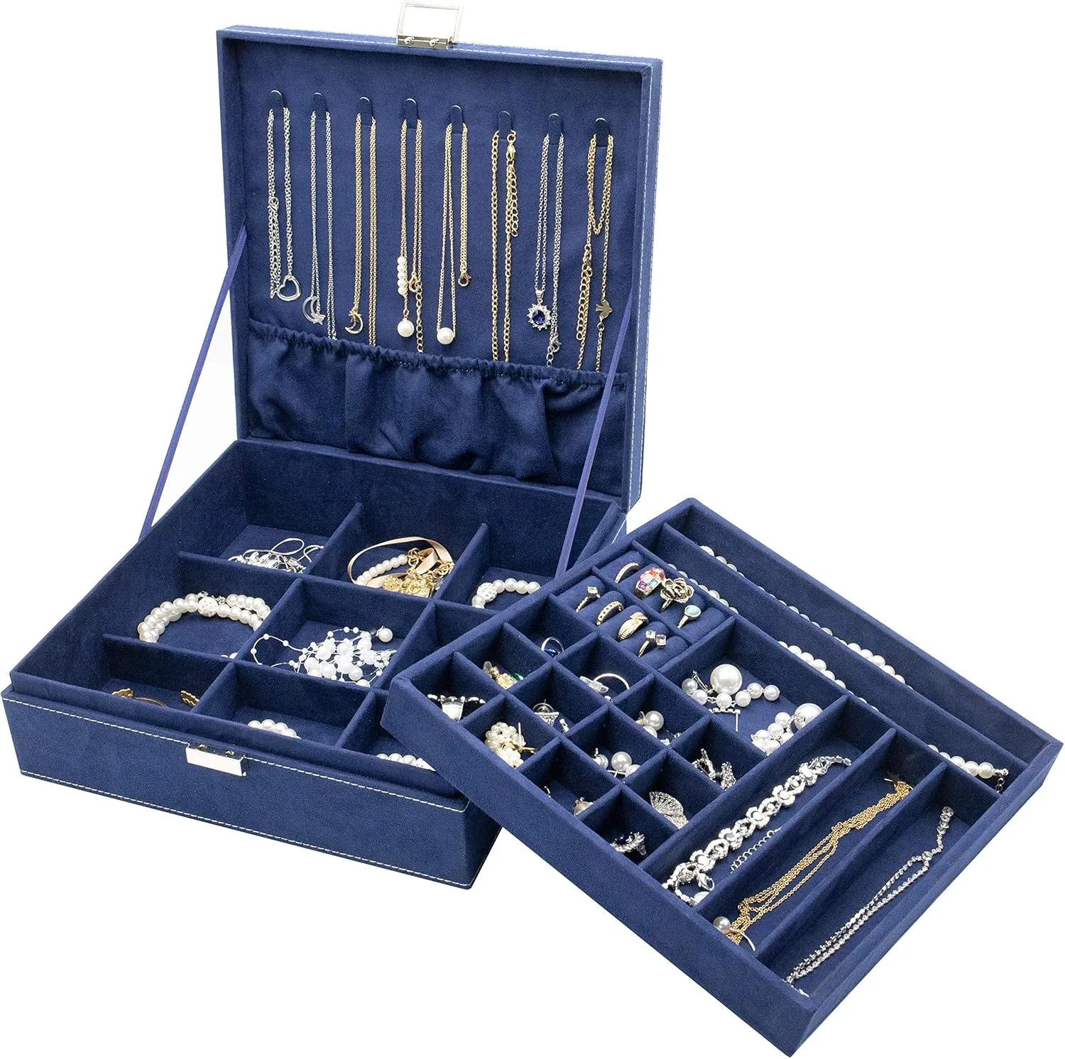 ProCase Velvet Jewelry Box Organizer for Women, 2 Layer Jewelry Display Storage Holder Case for Necklace Earrings Bracelets Rings -Navy