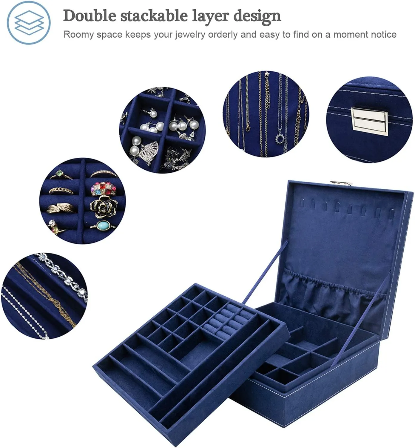 ProCase Velvet Jewelry Box Organizer for Women, 2 Layer Jewelry Display Storage Holder Case for Necklace Earrings Bracelets Rings -Navy