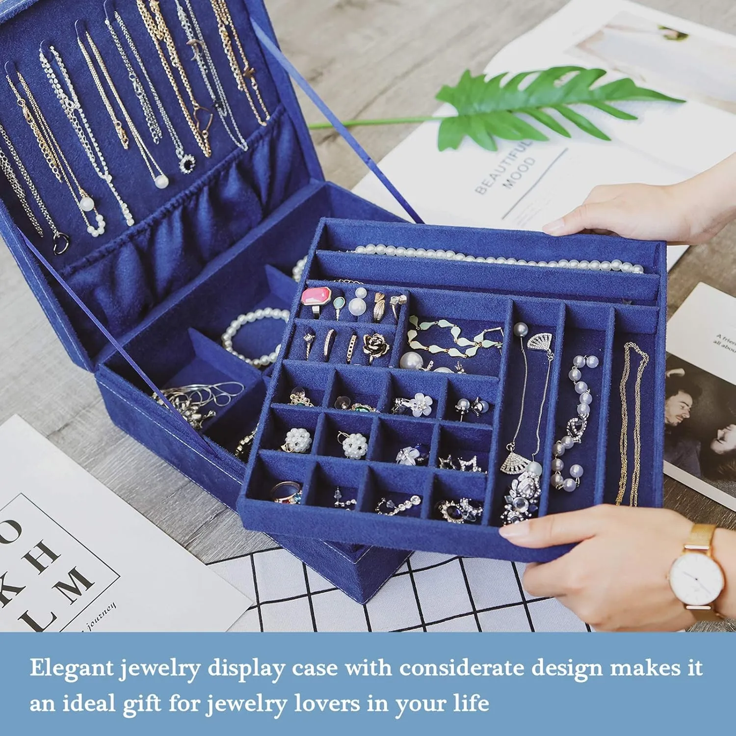 ProCase Velvet Jewelry Box Organizer for Women, 2 Layer Jewelry Display Storage Holder Case for Necklace Earrings Bracelets Rings -Navy