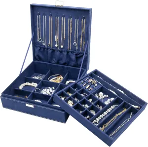ProCase Velvet Jewelry Box Organizer for Women, 2 Layer Jewelry Display Storage Holder Case for Necklace Earrings Bracelets Rings -Navy