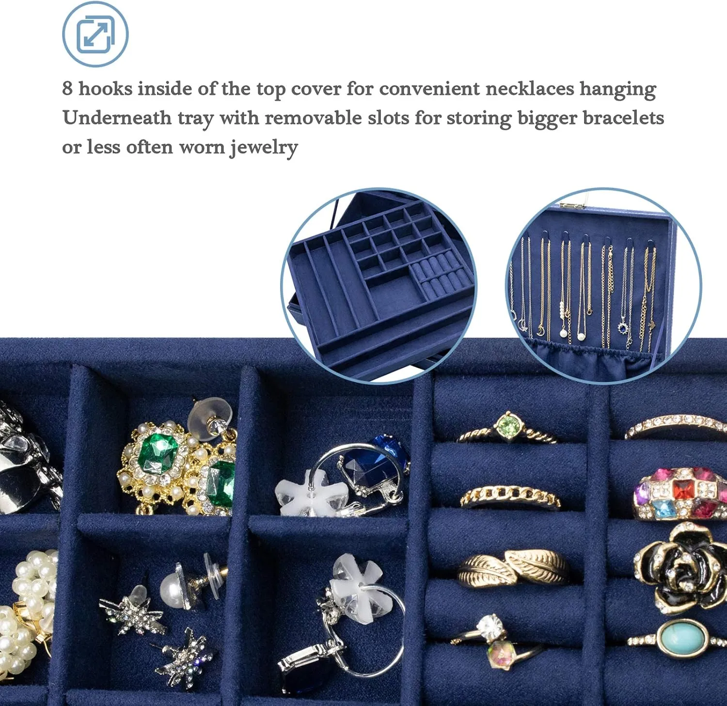 ProCase Velvet Jewelry Box Organizer for Women, 2 Layer Jewelry Display Storage Holder Case for Necklace Earrings Bracelets Rings -Navy