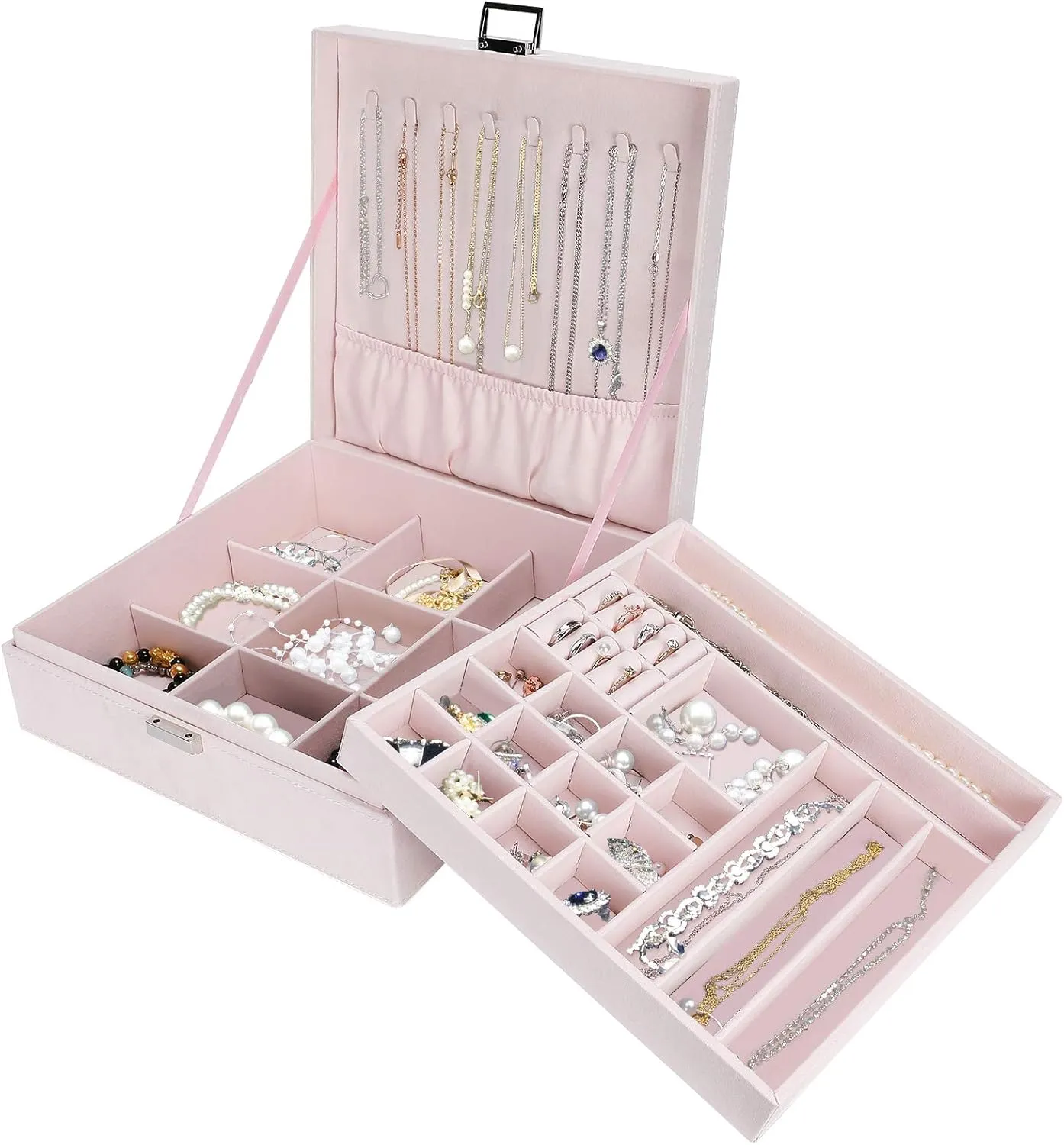 ProCase Velvet Jewelry Box Organizer for Women, 2 Layer Jewelry Display Storage Holder Case for Necklace Earrings Bracelets Rings -Pink