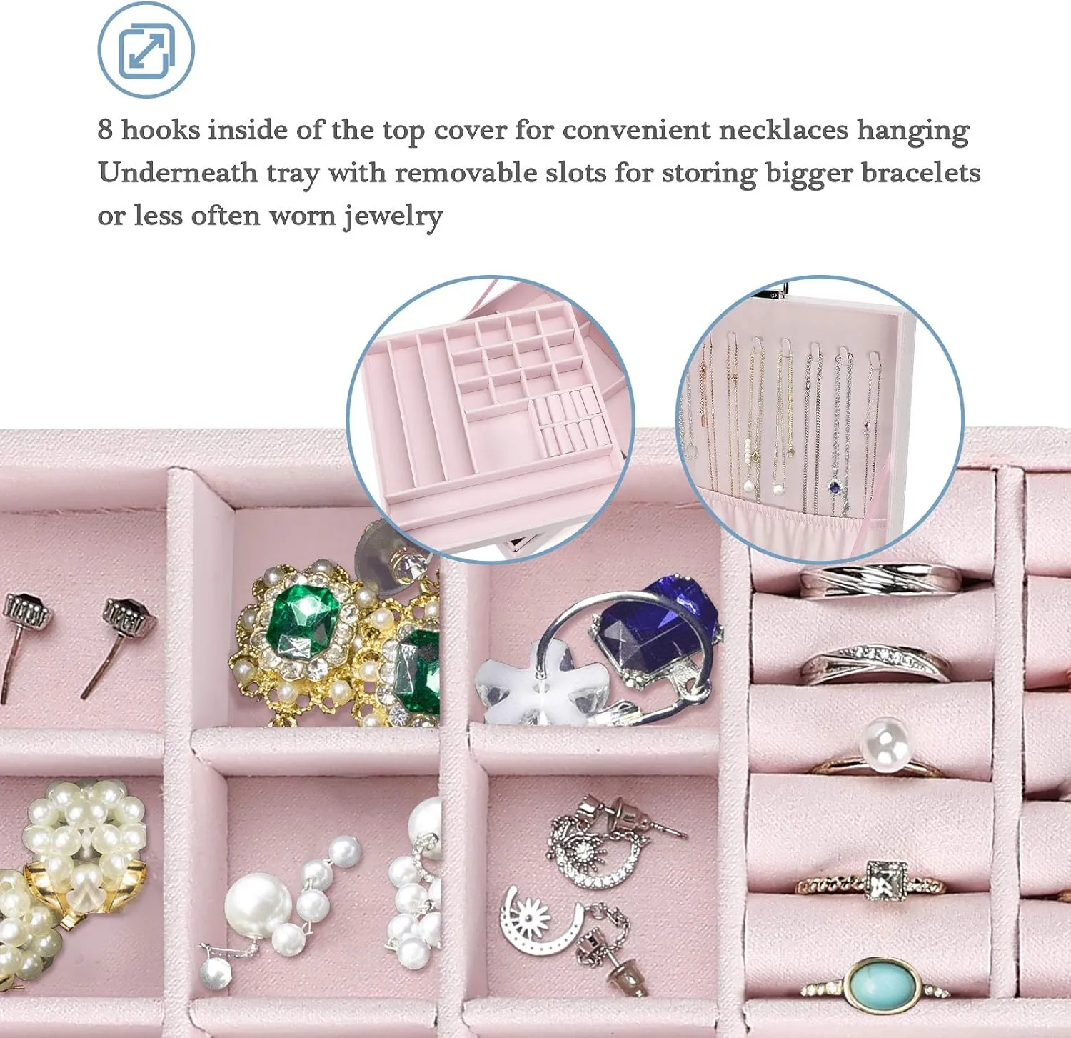 ProCase Velvet Jewelry Box Organizer for Women, 2 Layer Jewelry Display Storage Holder Case for Necklace Earrings Bracelets Rings -Pink