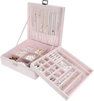 ProCase Velvet Jewelry Box Organizer for Women, 2 Layer Jewelry Display Storage Holder Case for Necklace Earrings Bracelets Rings -Pink