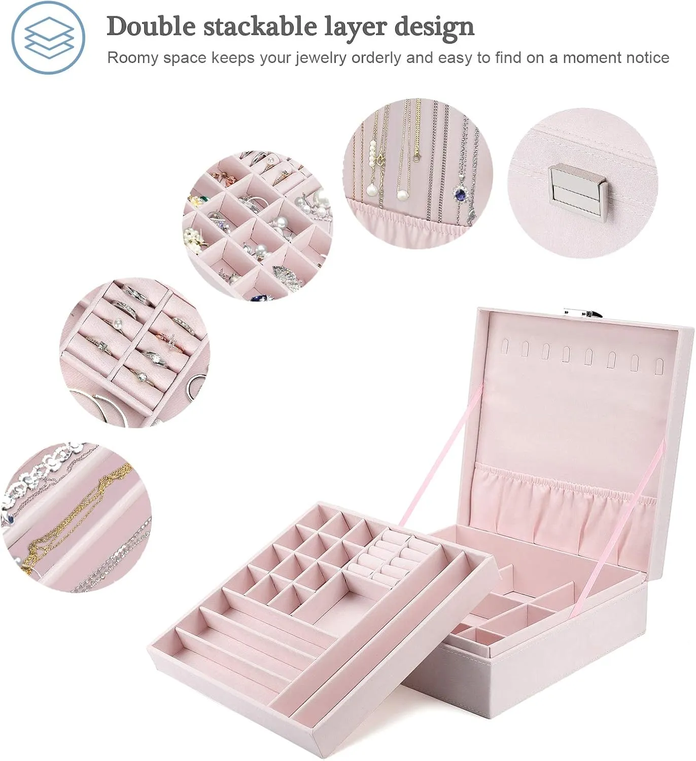 ProCase Velvet Jewelry Box Organizer for Women, 2 Layer Jewelry Display Storage Holder Case for Necklace Earrings Bracelets Rings -Pink